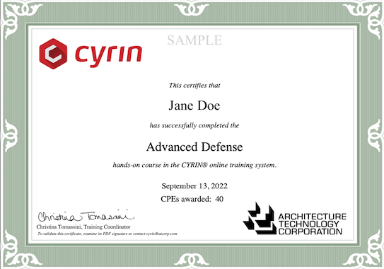 Sample CYRIN certificate